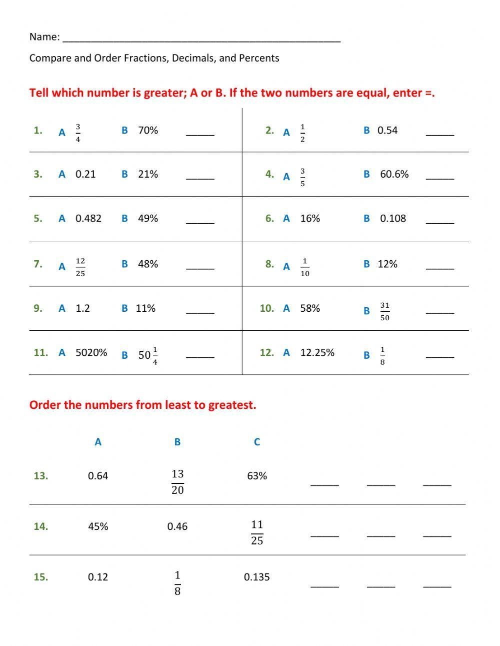 Compare And Order Fractions Decimals Percents Worksheet Live 