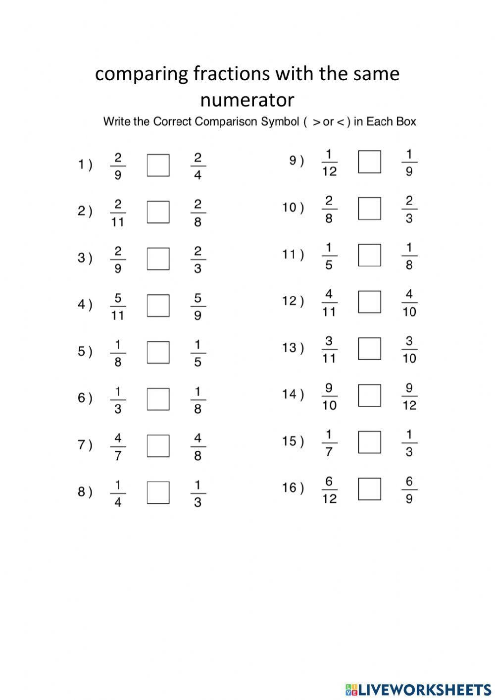 Comparing Fractions With The Same Numerator Worksheet Live 