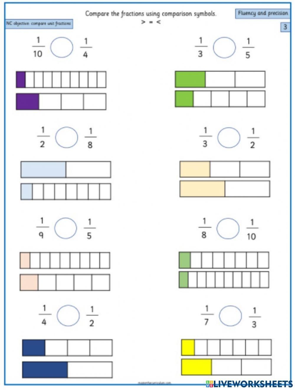 Comparing UNIT Fractions Interactive Worksheet Live Worksheets 