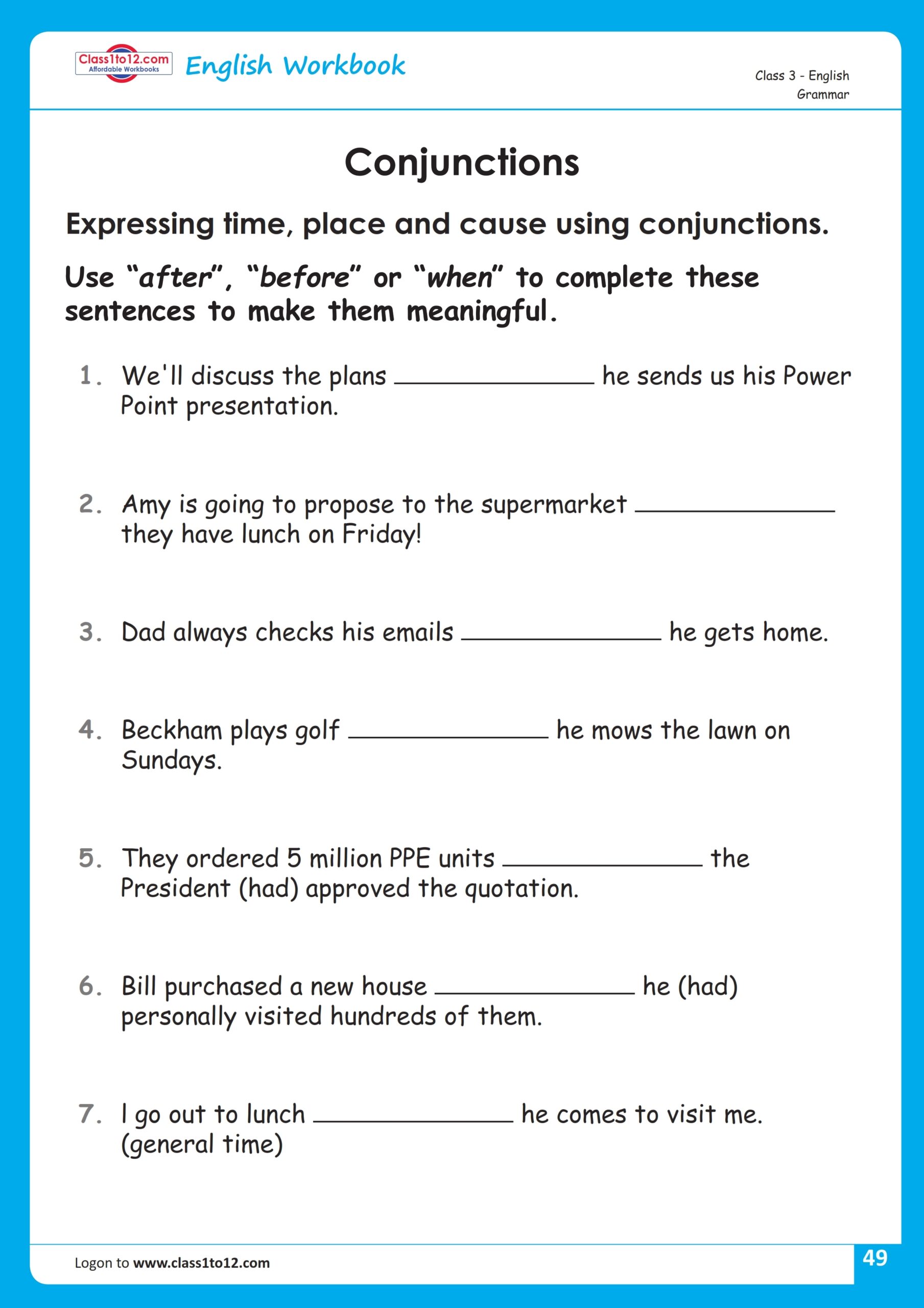 Conjunction Class 3 English Grammar Worksheet Class1to12 Worksheets 