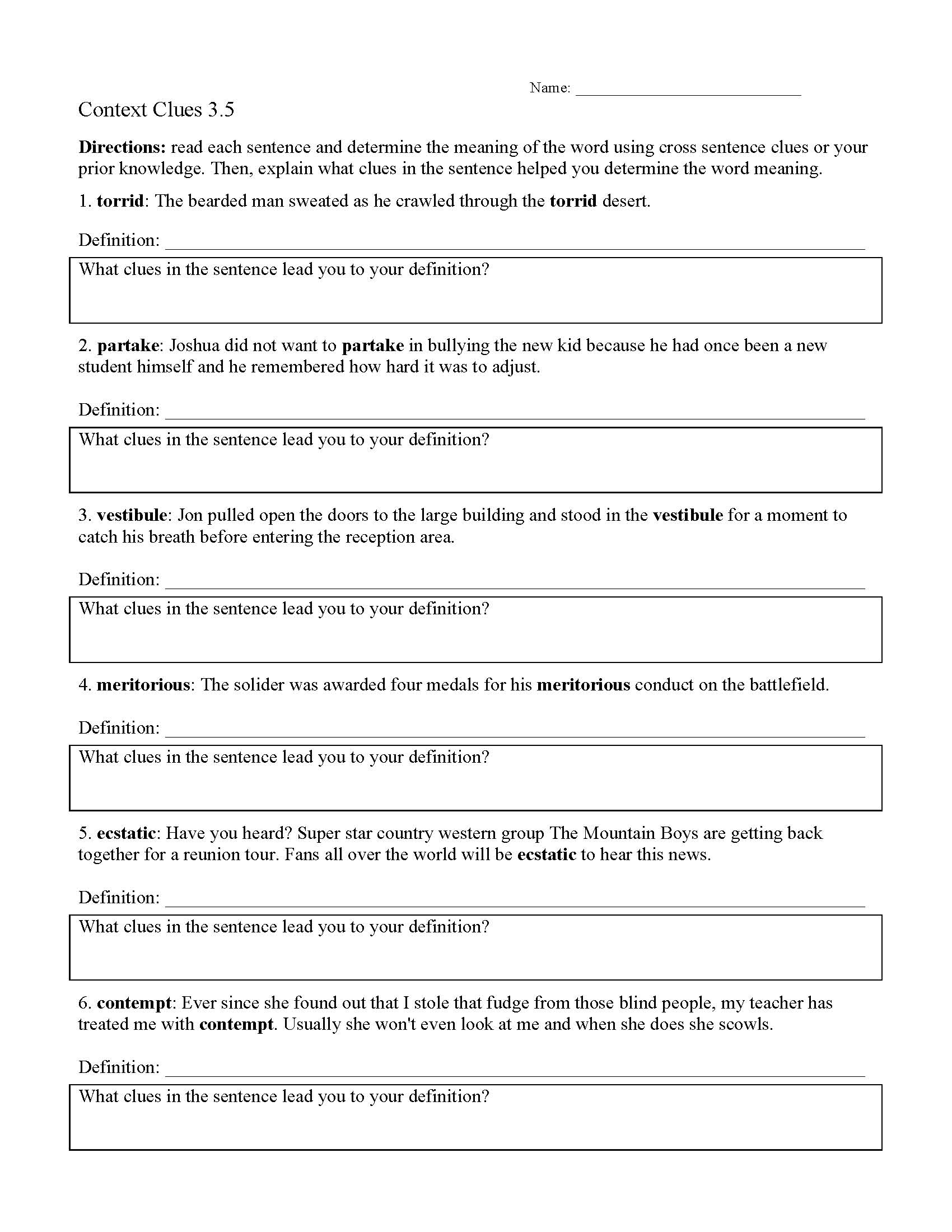 Context Clues Worksheet 3 5 Preview