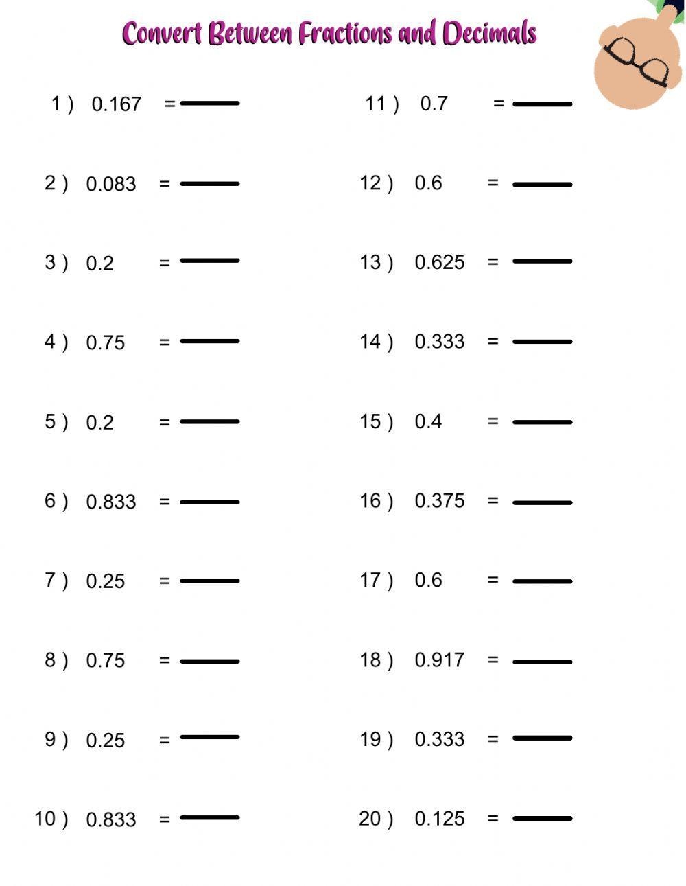 Converting Decimals Fractions And Percentages Worksheet Teach 
