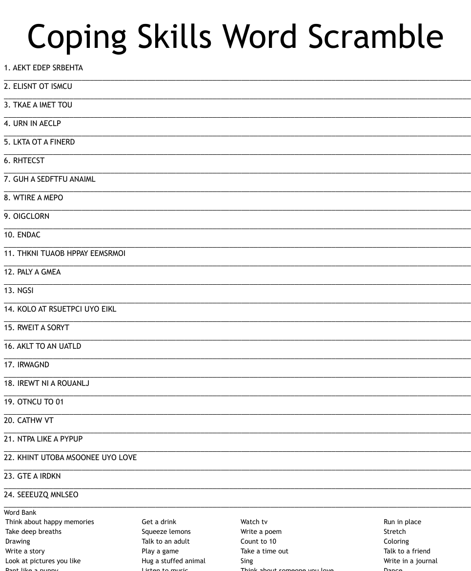 Coping Skills Word Scramble Coping Skills Worksheets
