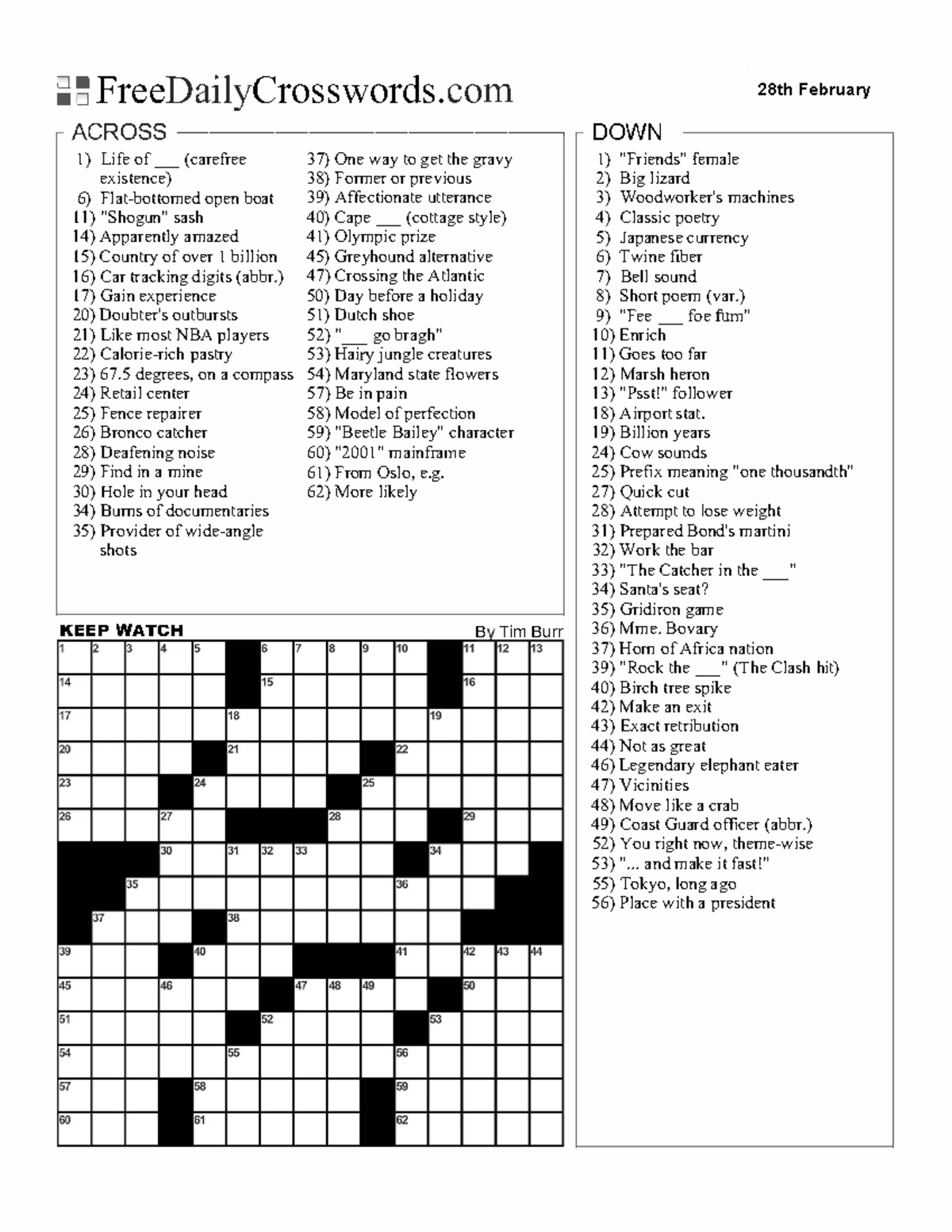 Crossword 3 Worksheet FreeDailyCrosswords ACROSS Life Of 