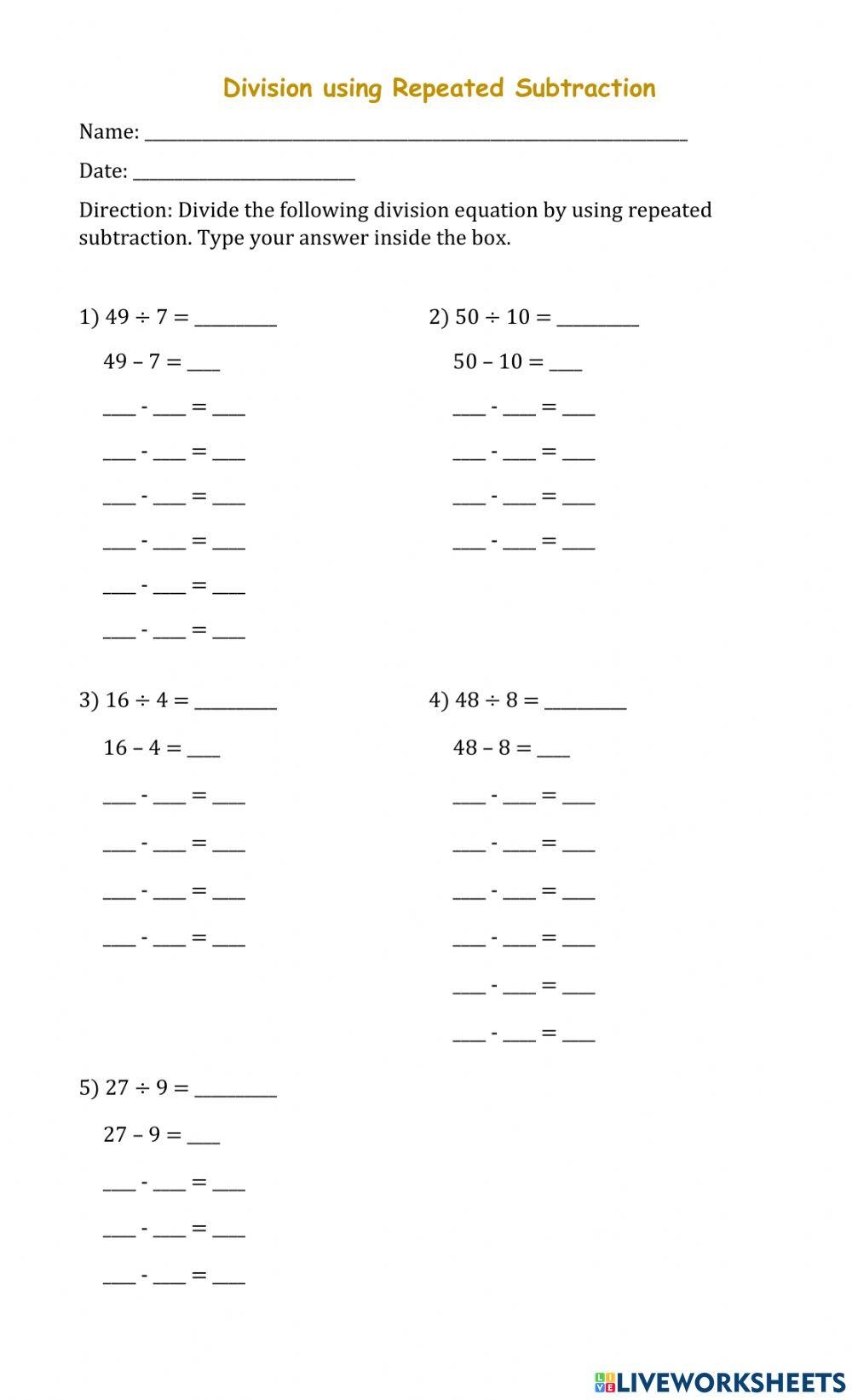 Division By Repeated Subtraction Interactive Worksheet Live 
