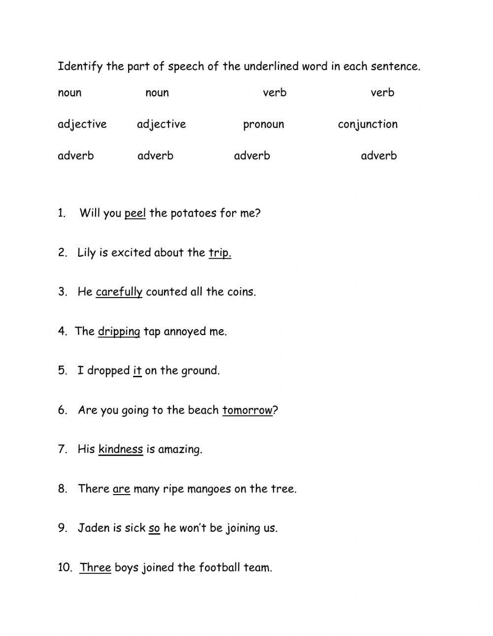 Eight Parts Of Speech Pie Chart Worksheet Student Handouts 