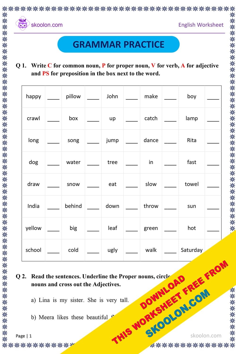 English Grammar Worksheet With Answers Skoolon Worksheets Library