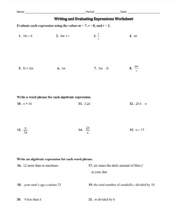 Evaluating Algebraic Expressions Worksheet PDF PRINTABLE 