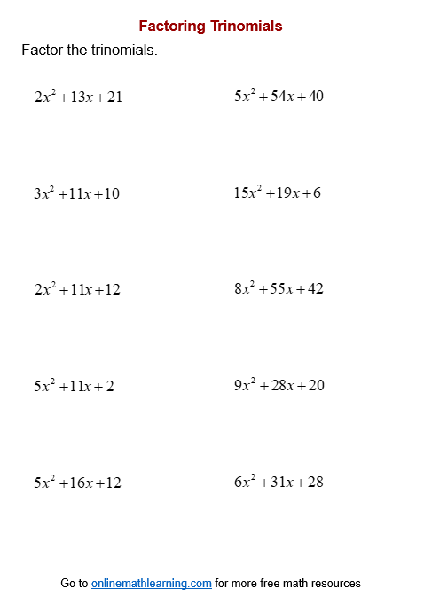 Factor Trinomials Worksheets printable Online Answers Examples 
