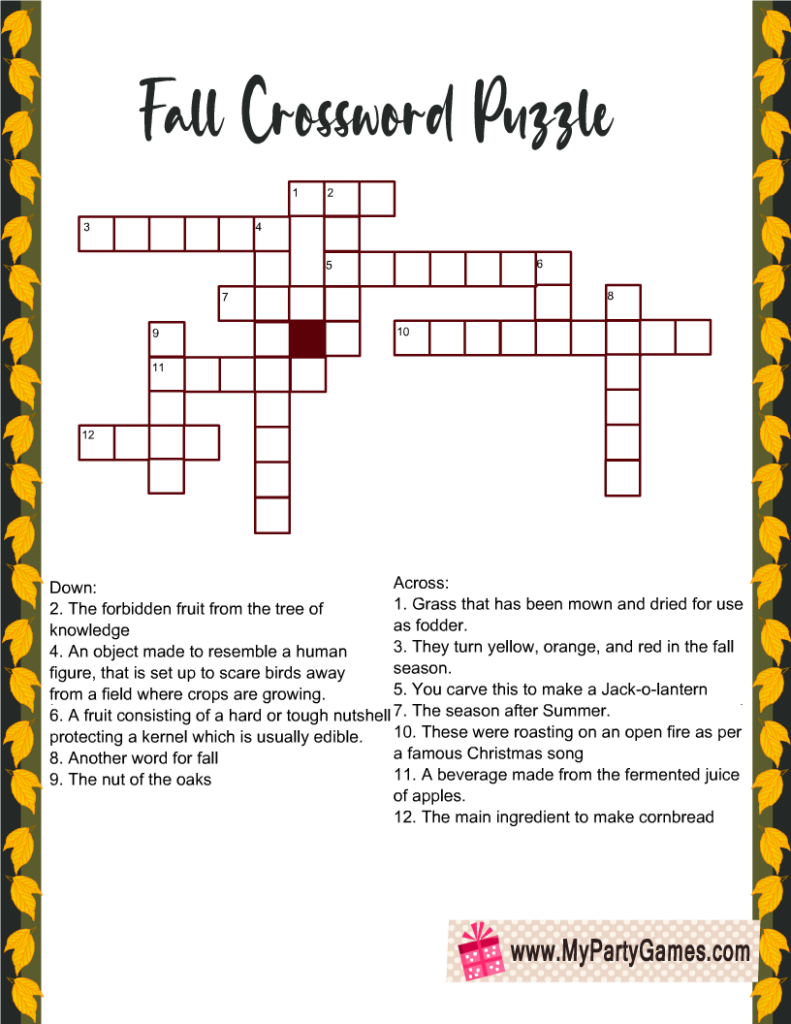 Fall Crossword Puzzle Free Printable Free Crossword Puzzles Printable