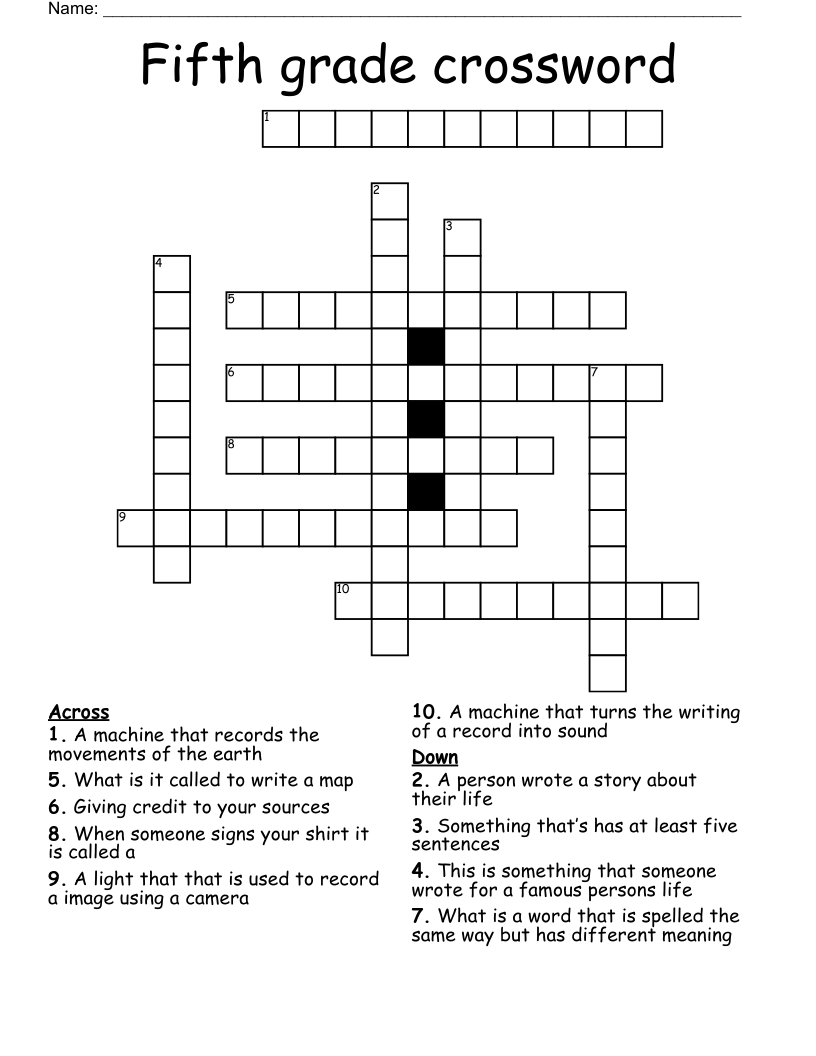 Fifth Grade Crossword WordMint