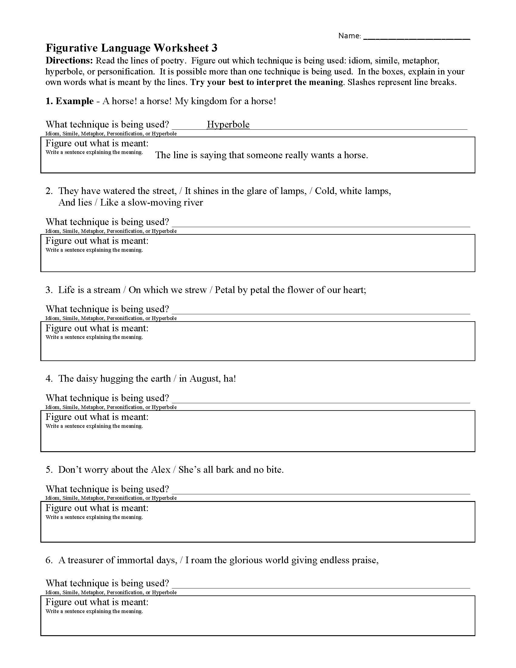 Figurative Language Worksheets Language Worksheets