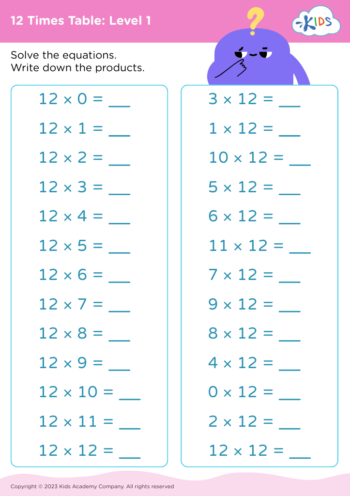 Free 12 Times Table Level 1 Worksheet For Kids Worksheets Library