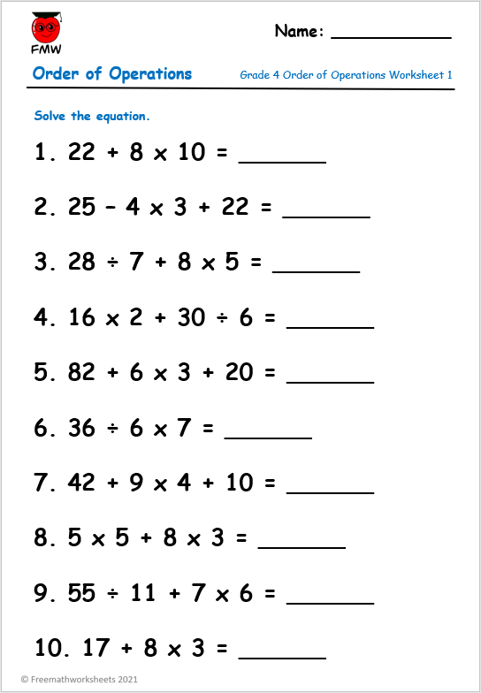 Free Math Worksheets Order Of Operations Order Of Operation Worksheets