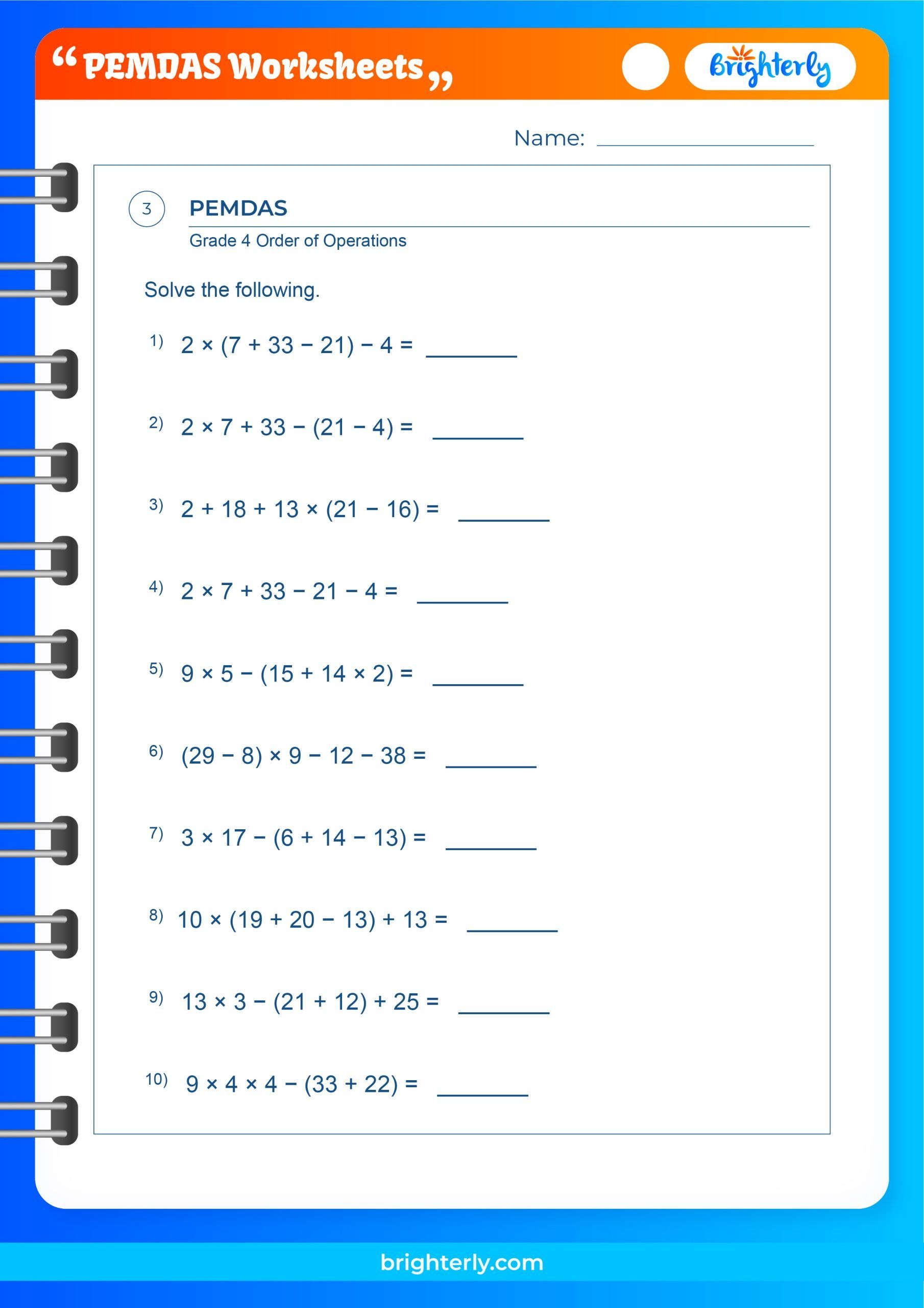 Free Printable PEMDAS Worksheets For Kids PDFs Brighterly