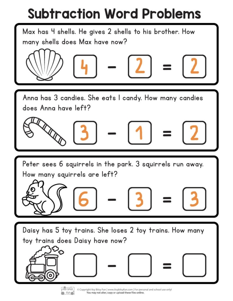 Free Printable Subtraction Word Problems Worksheets For Kindergarten 