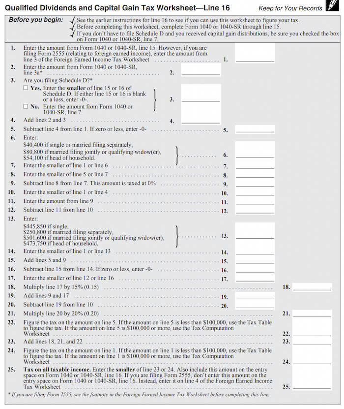 Free Qualified Dividends And Capital Gains Tax Worksheet Download Free 