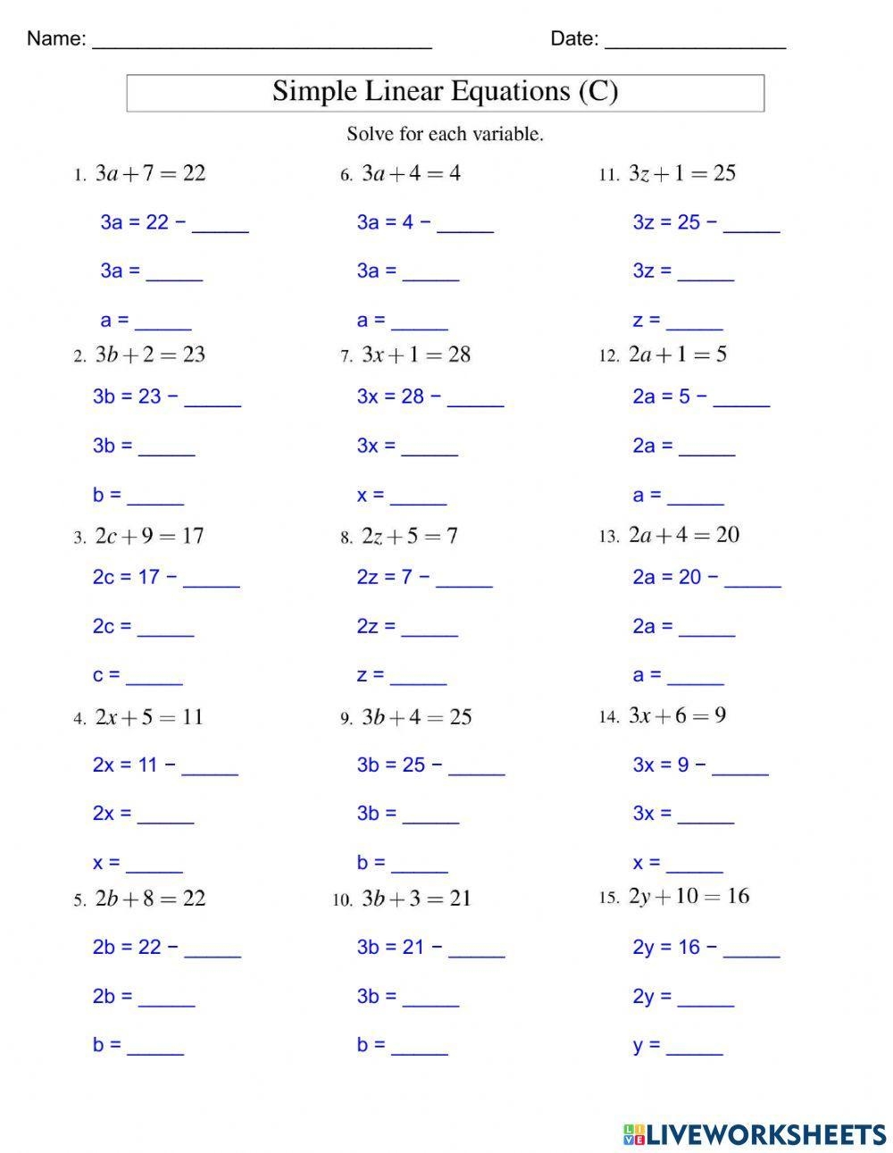 Free Worksheets For Linear Equations grades 6 9 Pre algebra 