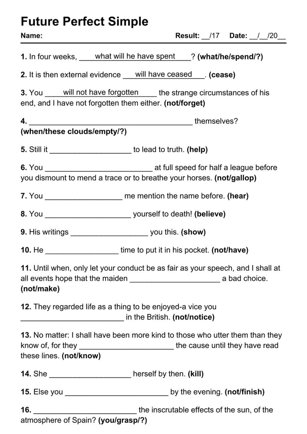 Future Perfect Exercises PDF Worksheet With Answers Test 1 Future