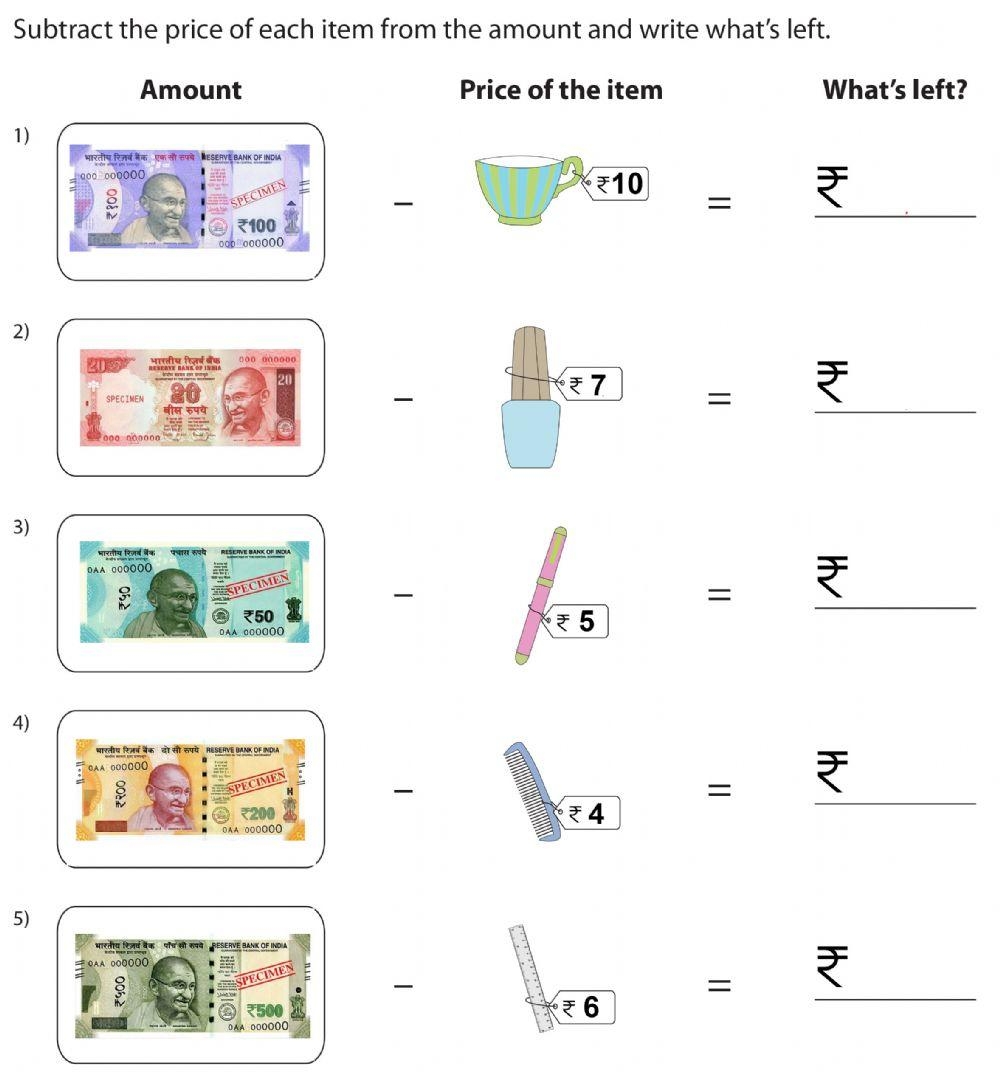 Grade 2 Subtraction Of Indian Money Online Exercise For Live