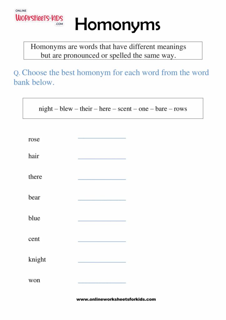 Homonyms Worksheet - Printable Coloring Free