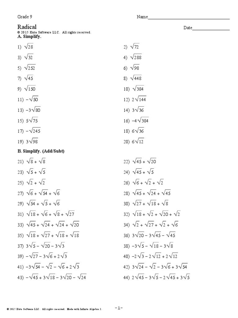 Grade 9 Radical Worksheet PDF Teaching Mathematics Worksheets 