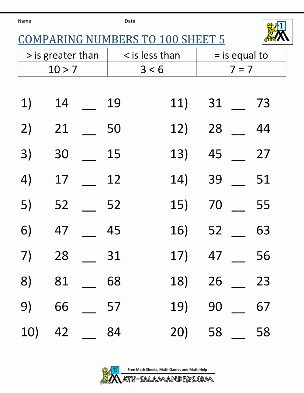 Greater Than Less Than Worksheets 1st Grade