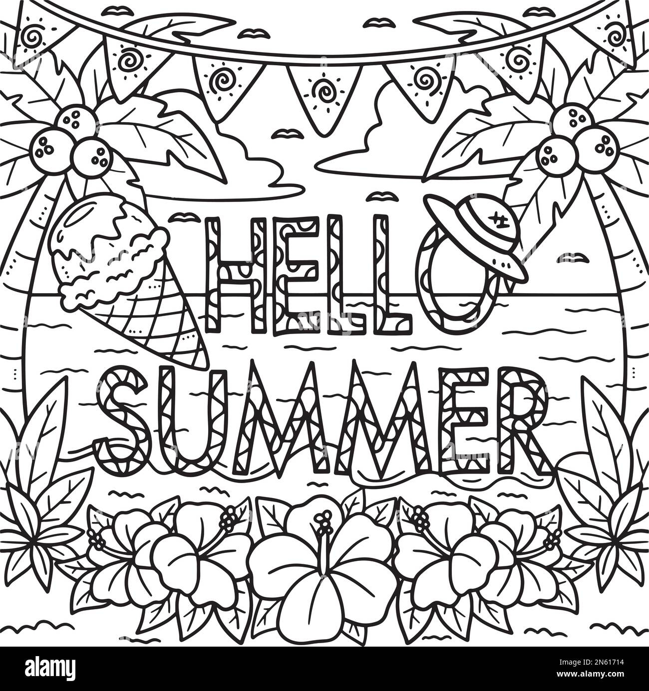 Hello Summer Coloring Page For Kids Stock Vector Image Art Alamy