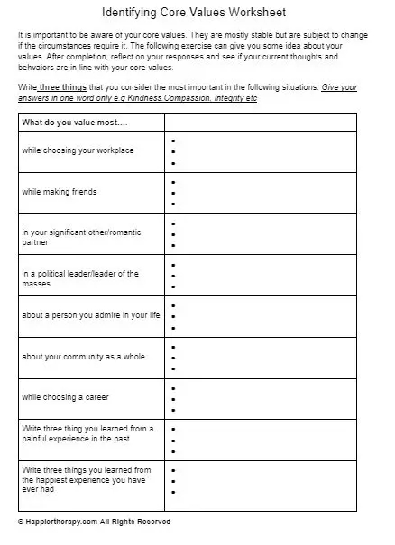 Identifying Core Values Worksheet HappierTHERAPY Worksheets Library