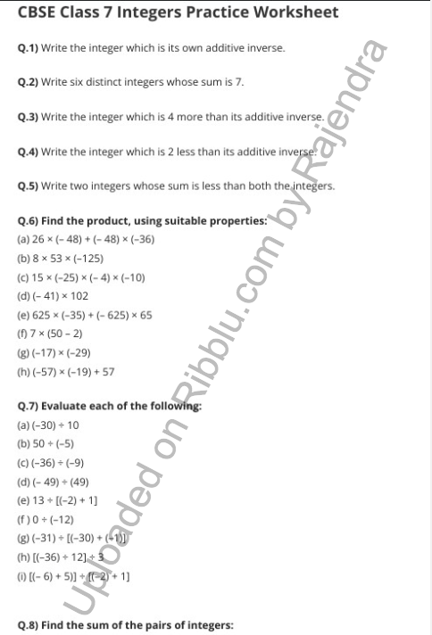Integers Worksheet For Class 7 Maths Chapter 1