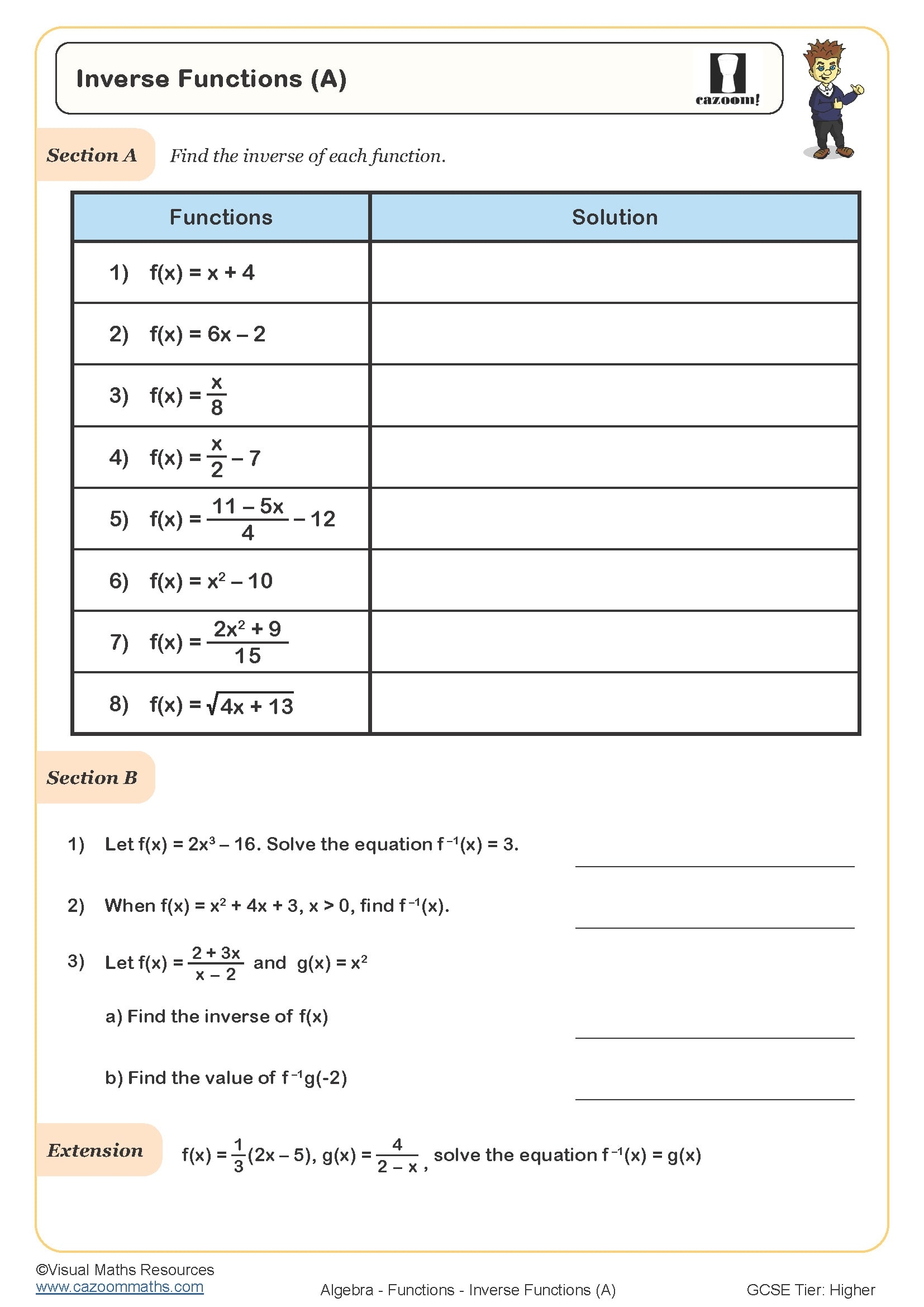 Inverse Functions A Worksheet Cazoom Maths Worksheets Worksheets 