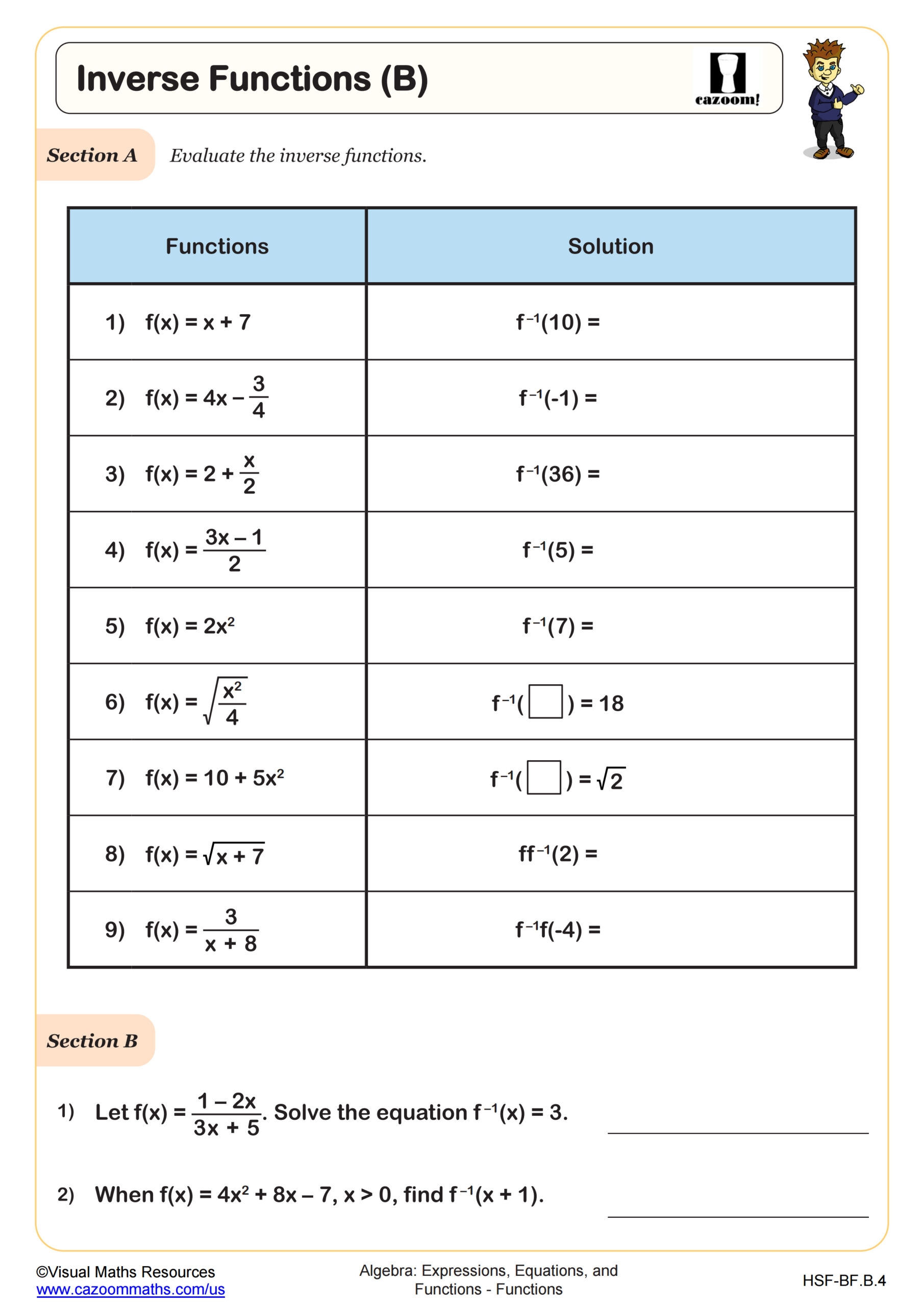 Inverse Functions B Worksheet Algebra II PDF Worksheets
