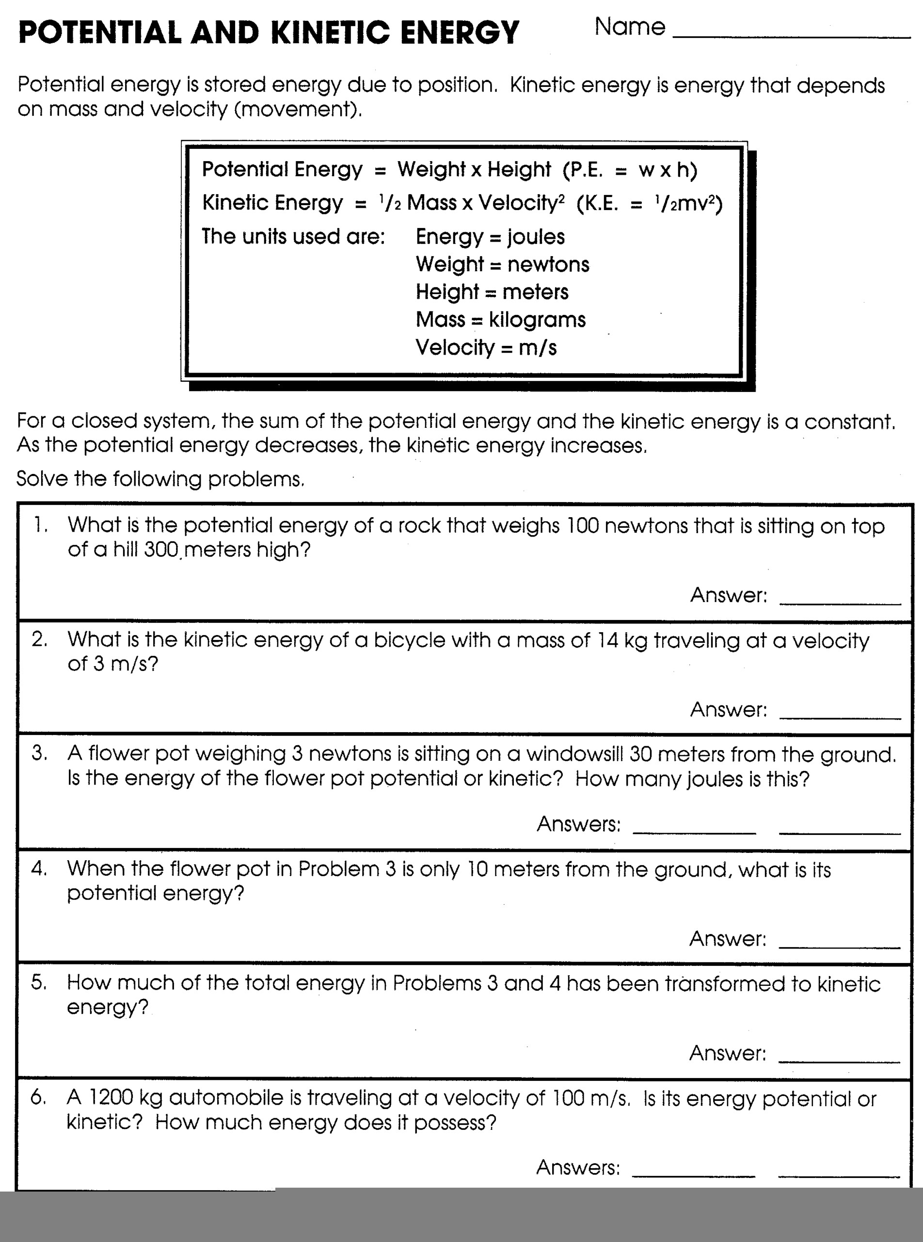 Kinetic Energy And Potential Energy Worksheet Answer Key 