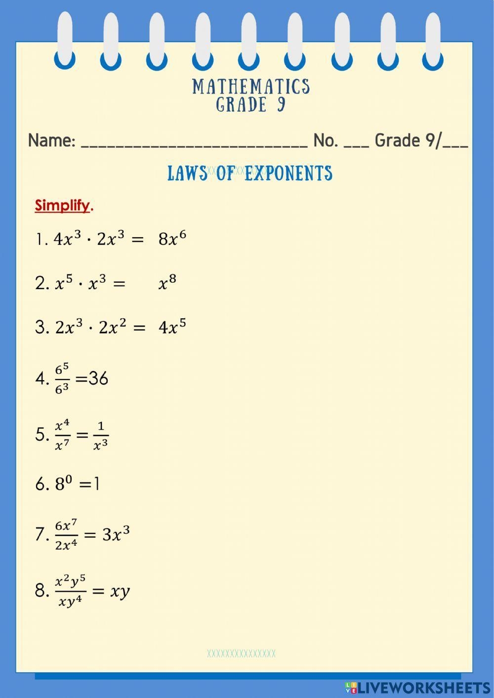 Laws Of Exponents Online Worksheet For Grade 9 Live Worksheets 