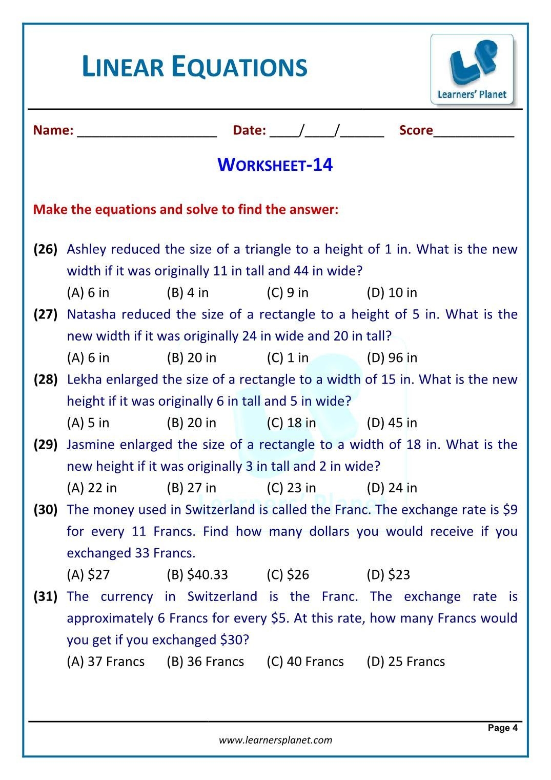Linear Equation Word Problems Worksheet Grade 7 Linear Equations In One 
