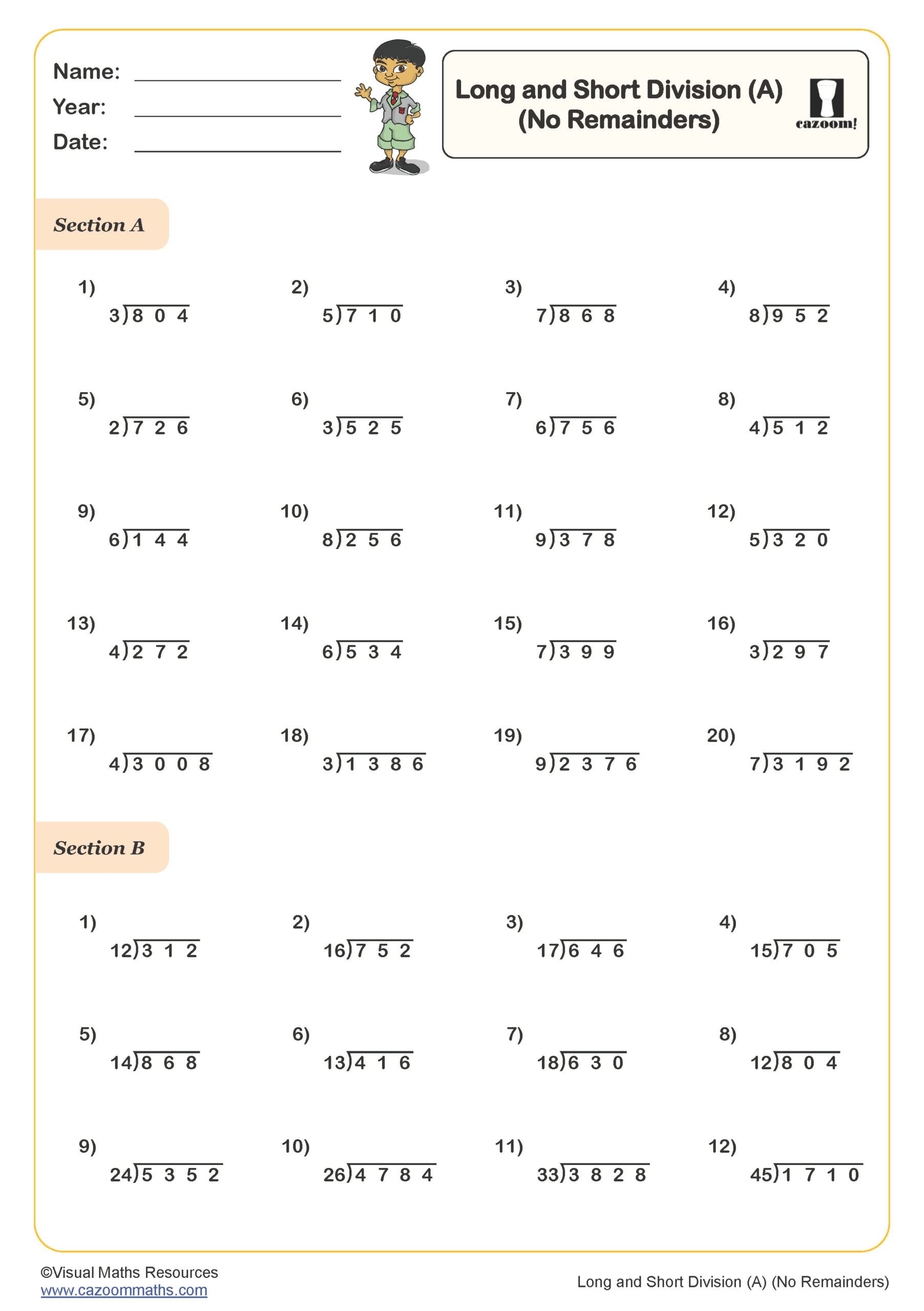 Long And Short Division A Worksheet No Remainders PDF 