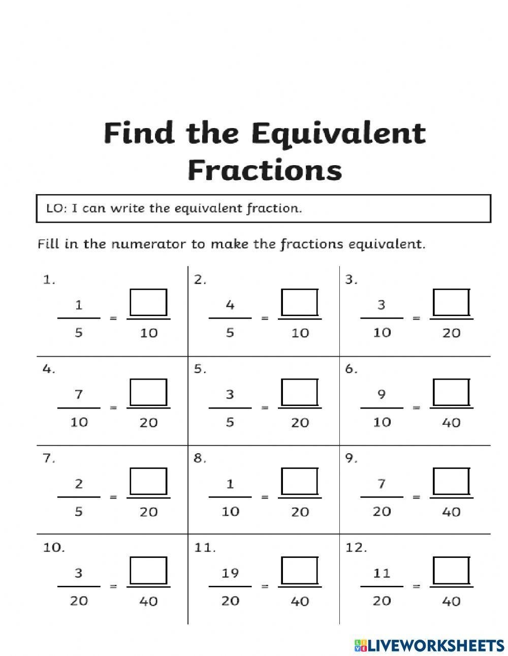 Math Worksheet Equivalent Fractions Grade 6 Online Exercise For 