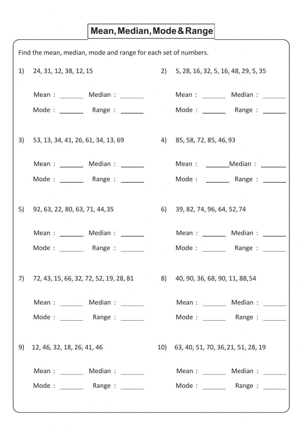Mean Median Mode And Range Interactive Worksheet Live Worksheets