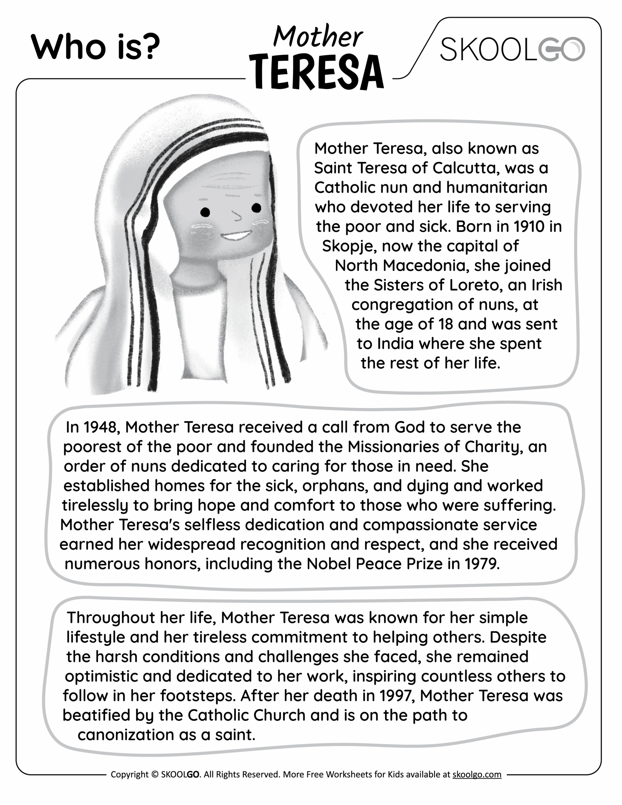 Mother Teresa For Kids Worksheets Worksheets For Kindergarten