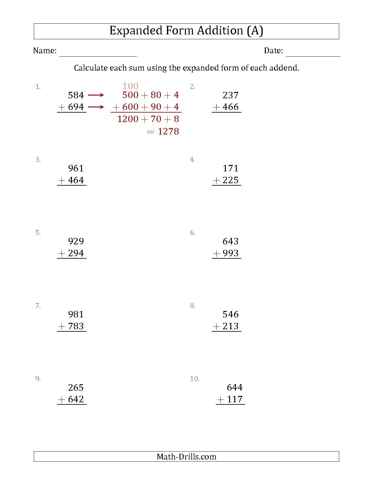 Multiplication Expanded Form Worksheets Free Printable