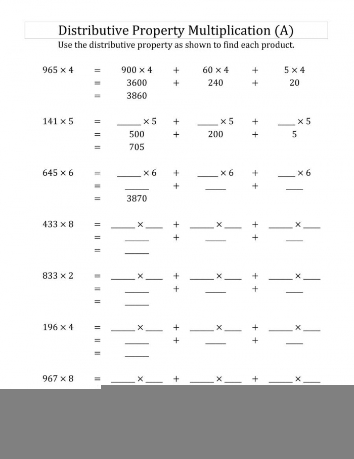 Multiplication With Distributive Property Worksheets Multiplication 