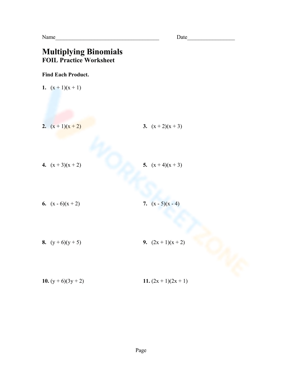 Multiplying Binomials Practice Worksheet Worksheets Library