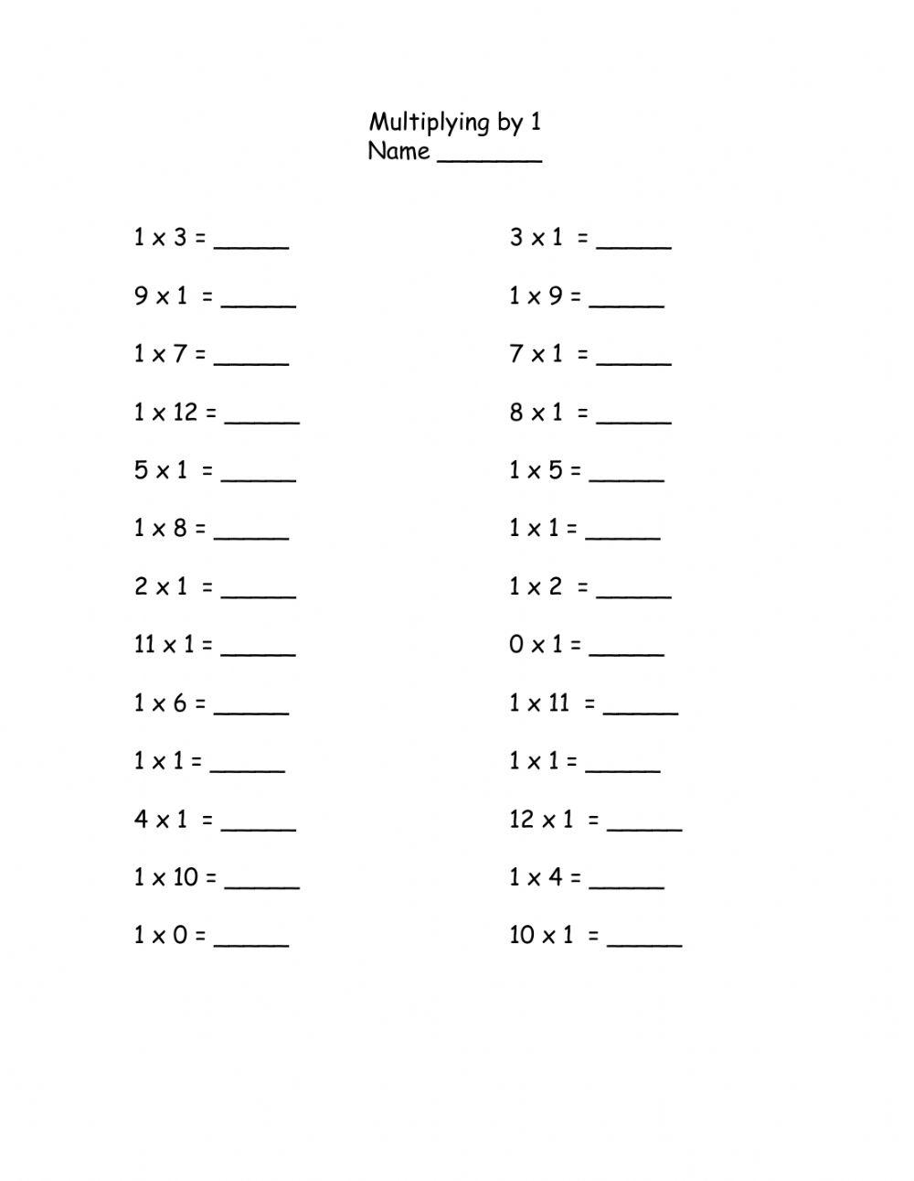 Multiplying By One Math Worksheet Twisty Noodle Worksheets Library