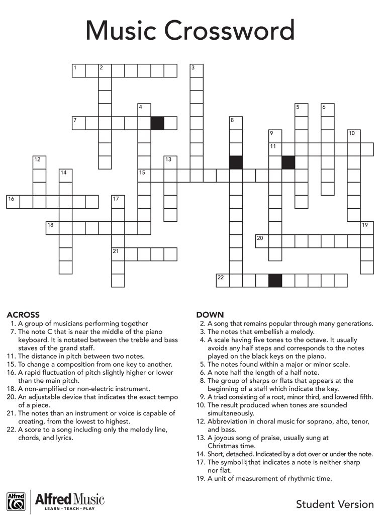Music Crossword Puzzle Activity Printable Premier Crossword Puzzle