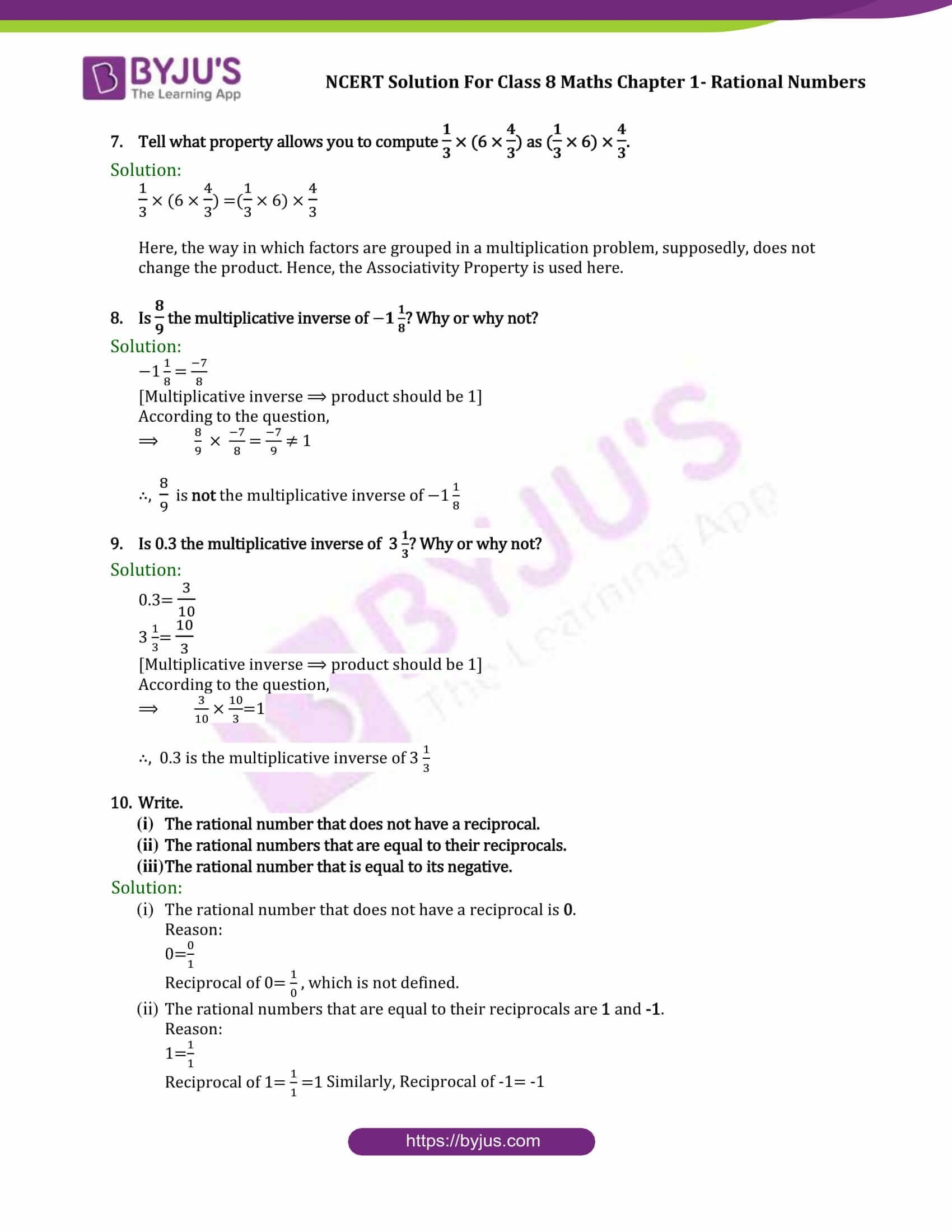 NCERT Solutions For CBSE Class 8 Chapter 1 Rational Number Part 5 