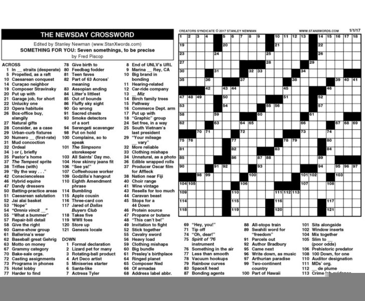 Newsday Crossword Sunday For Jan 01 2017 By Stanley Printable 