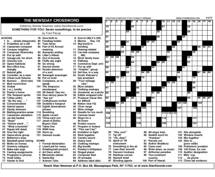 Newsday Crossword Sunday For Jan 01 2017 By Stanley Printable