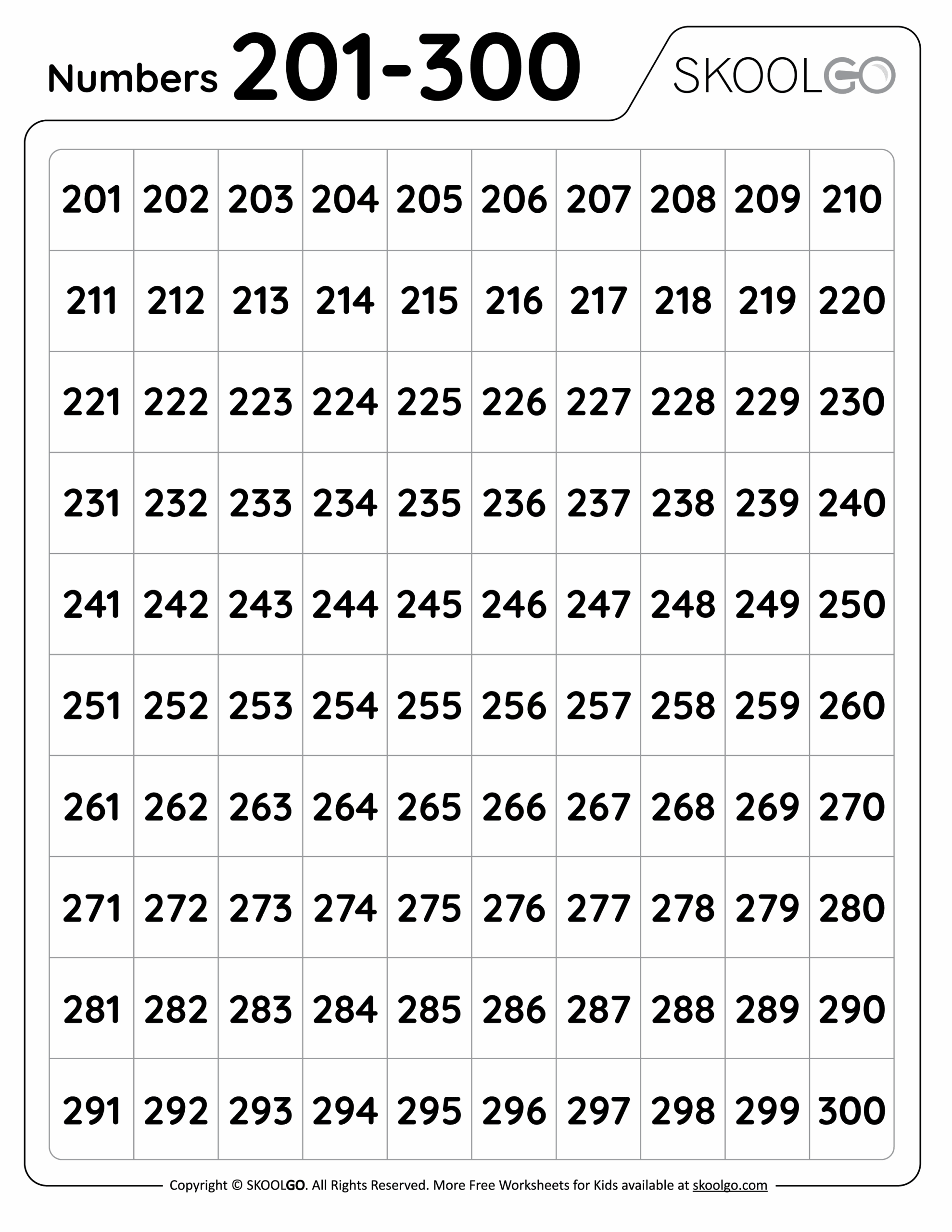 Numbers 201 To 300 Free Worksheet For Kids SKOOLGO