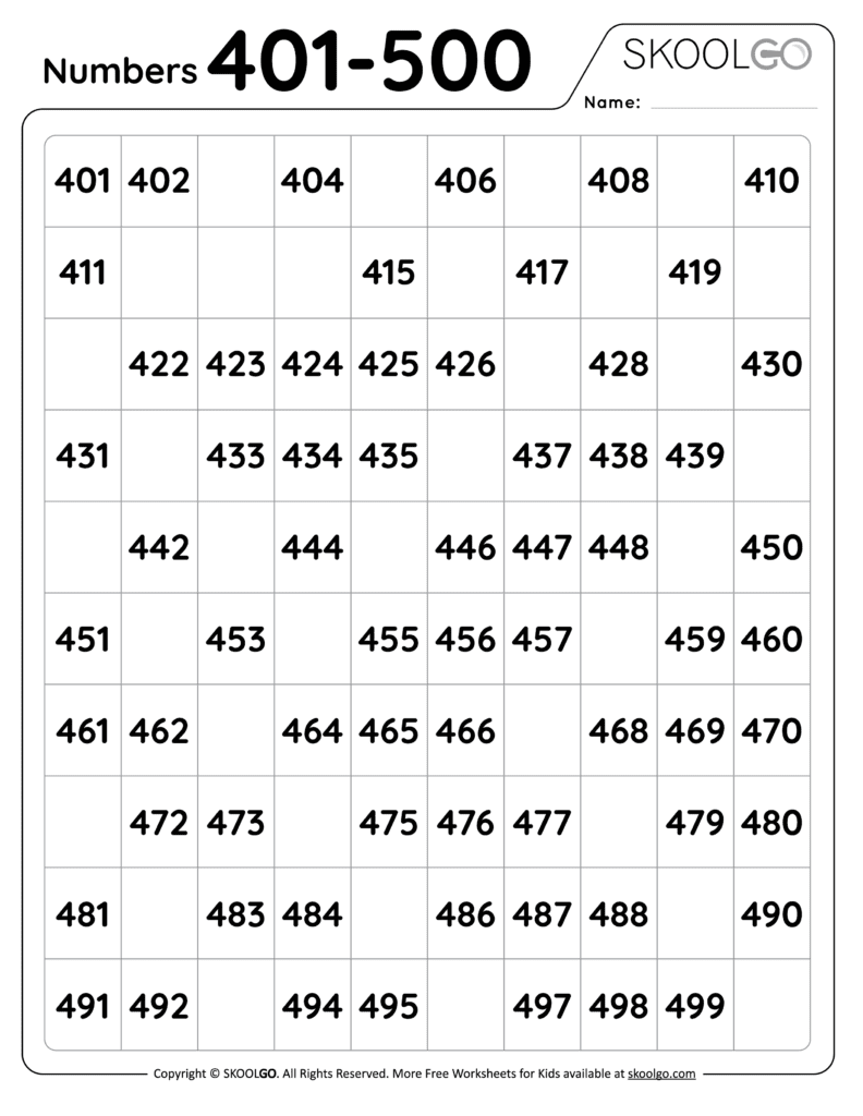 Numbers 401 To 500 Free Worksheet For Kids SKOOLGO