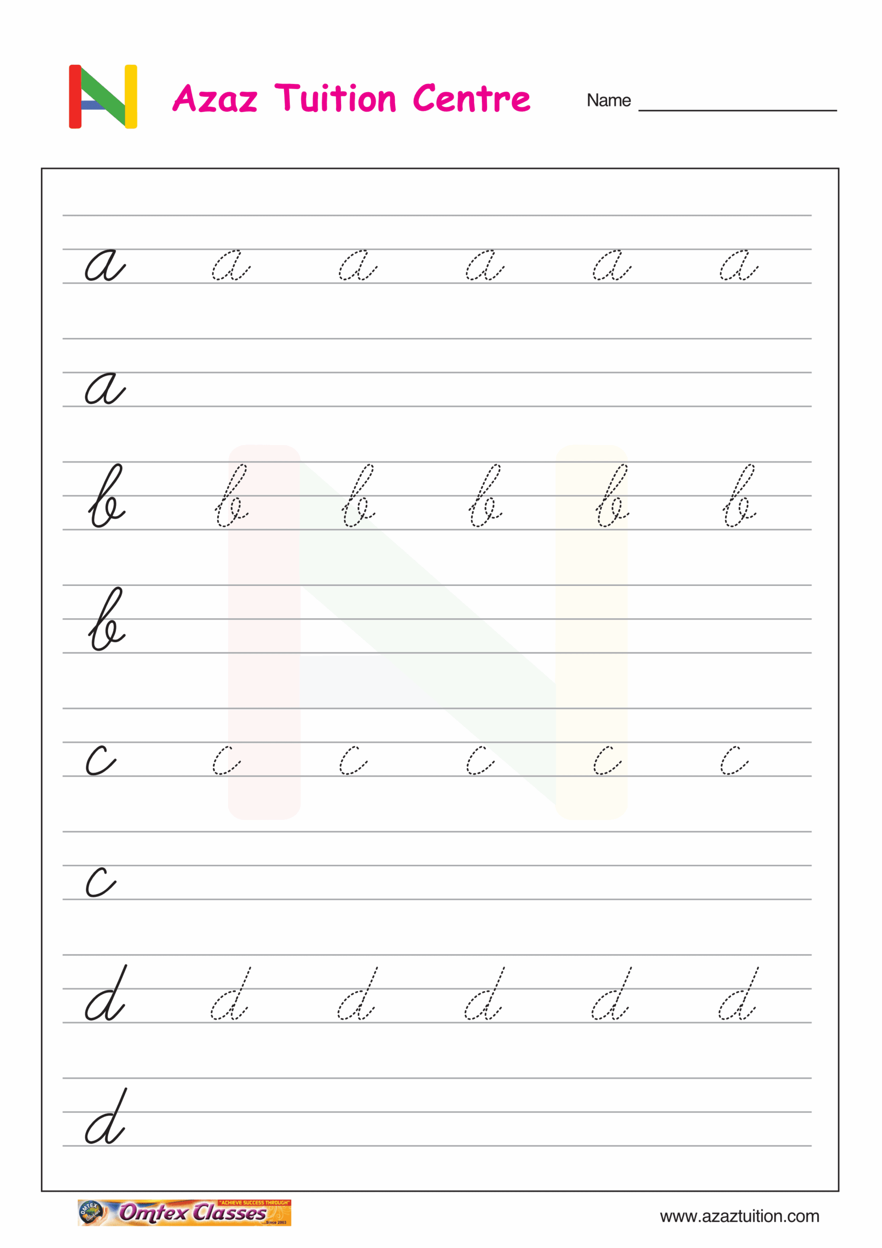 OMTEX CLASSES CURSIVE WRITING SMALL LETTERS PRACTICE WORKSHEETS FOR KIDS